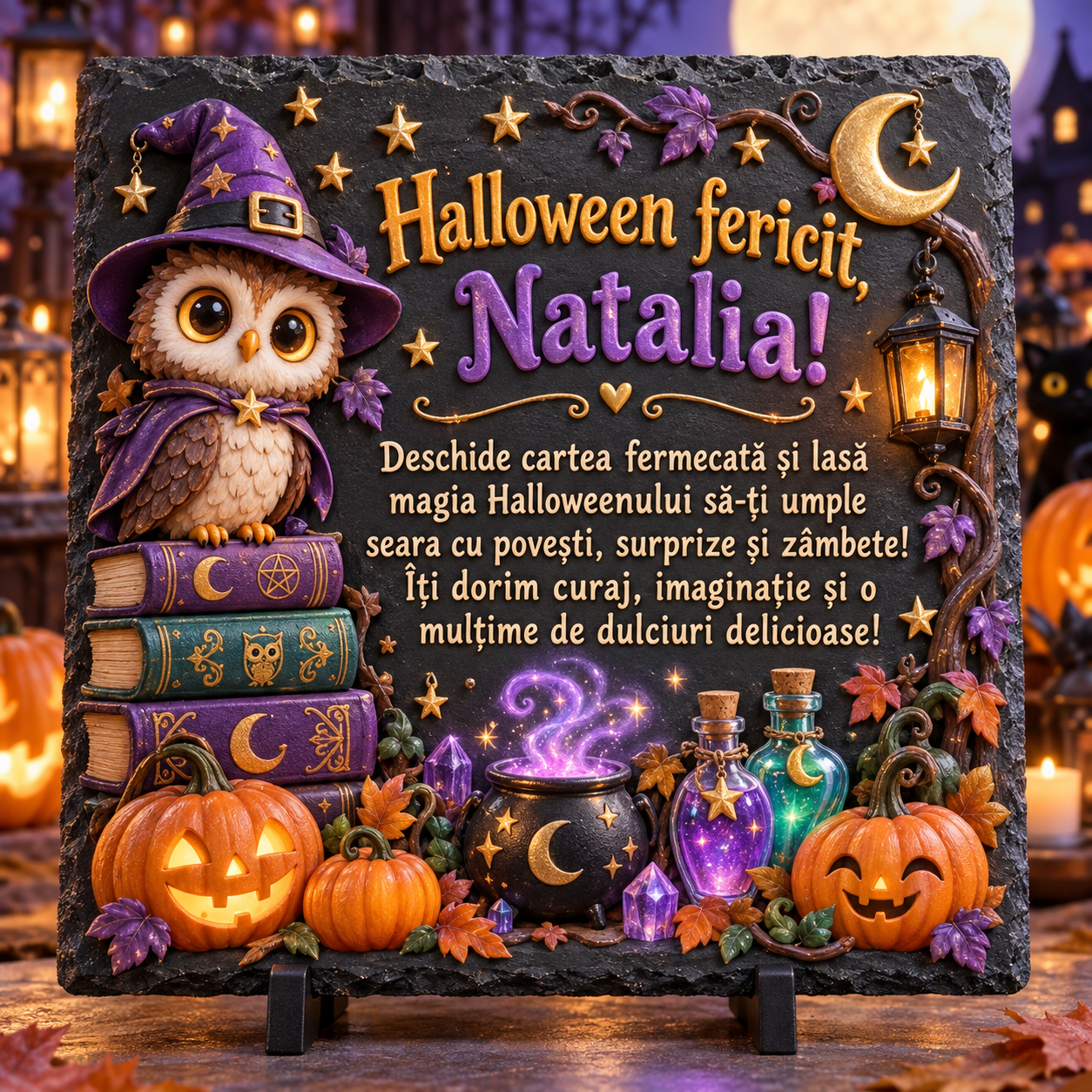 Placă ardezie personalizată Halloween 20×20 cm pentru copii – bufniță vrăjitoare, dovleci, poțiuni și mesaj cu nume