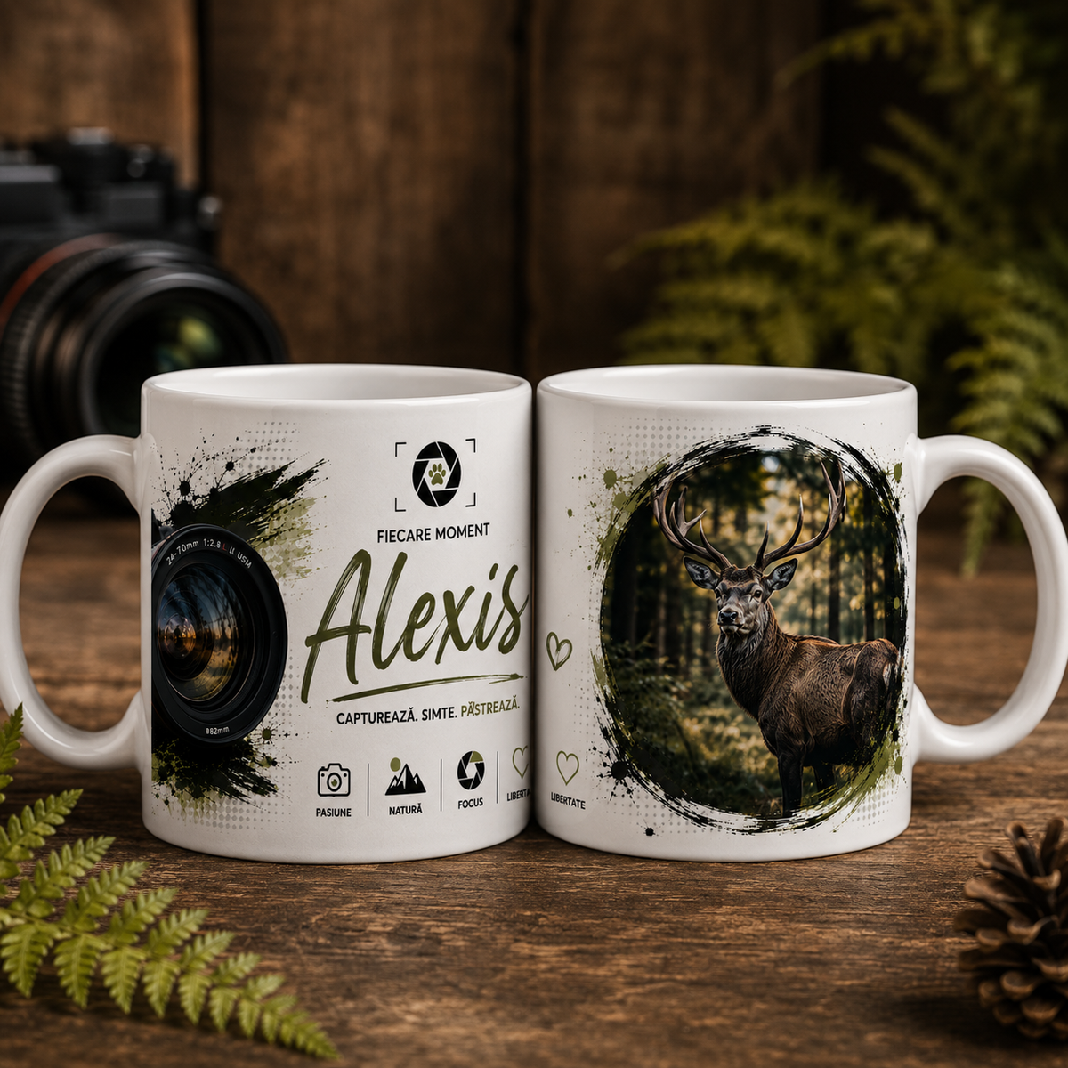 Cană personalizată pentru fotograf de natură de 330 ml, cu numele Alexis, obiectiv foto și cerb în pădure