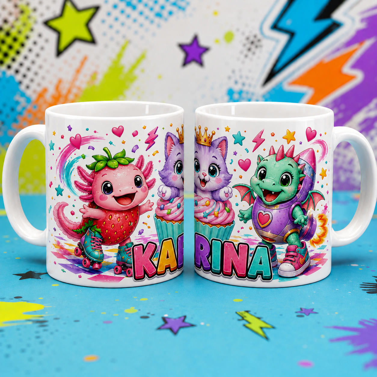Cană personalizată pentru copii cu nume – Animăluțe colorate, 330 ml