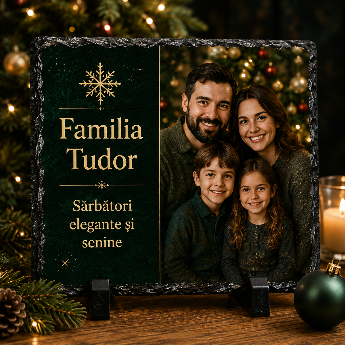 Piatră Ardezie Personalizată de Crăciun pentru Familie 20x20 cm cu Poză și Nume – „Sărbători Elegante și Senine”