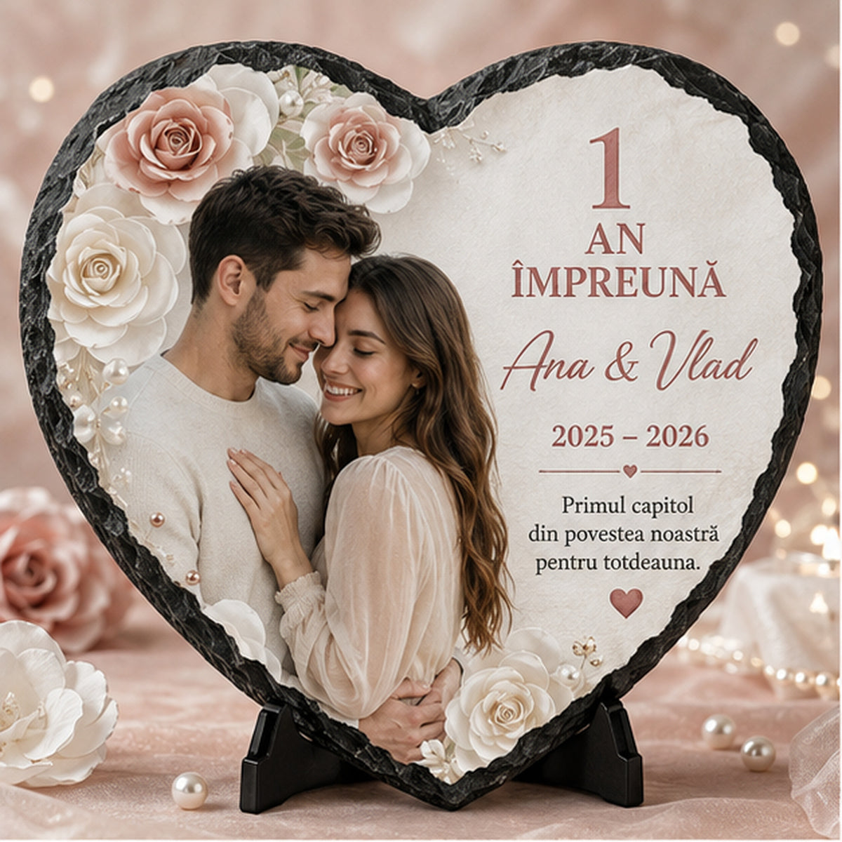 Placă de Ardezie Personalizată în Formă de Inimă – Cadou Aniversare 1 An de Relație cu Poză