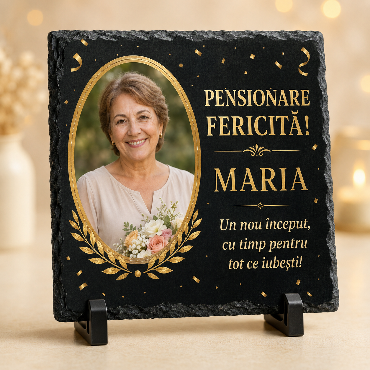 Placă ardezie personalizată 20×20 cm „Pensionare fericită” cu fotografie și nume