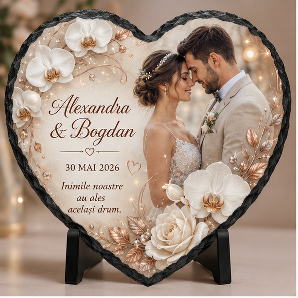 Placă de ardezie în formă de inimă personalizată pentru nuntă – design elegant cu orhidee albe și accente rose gold