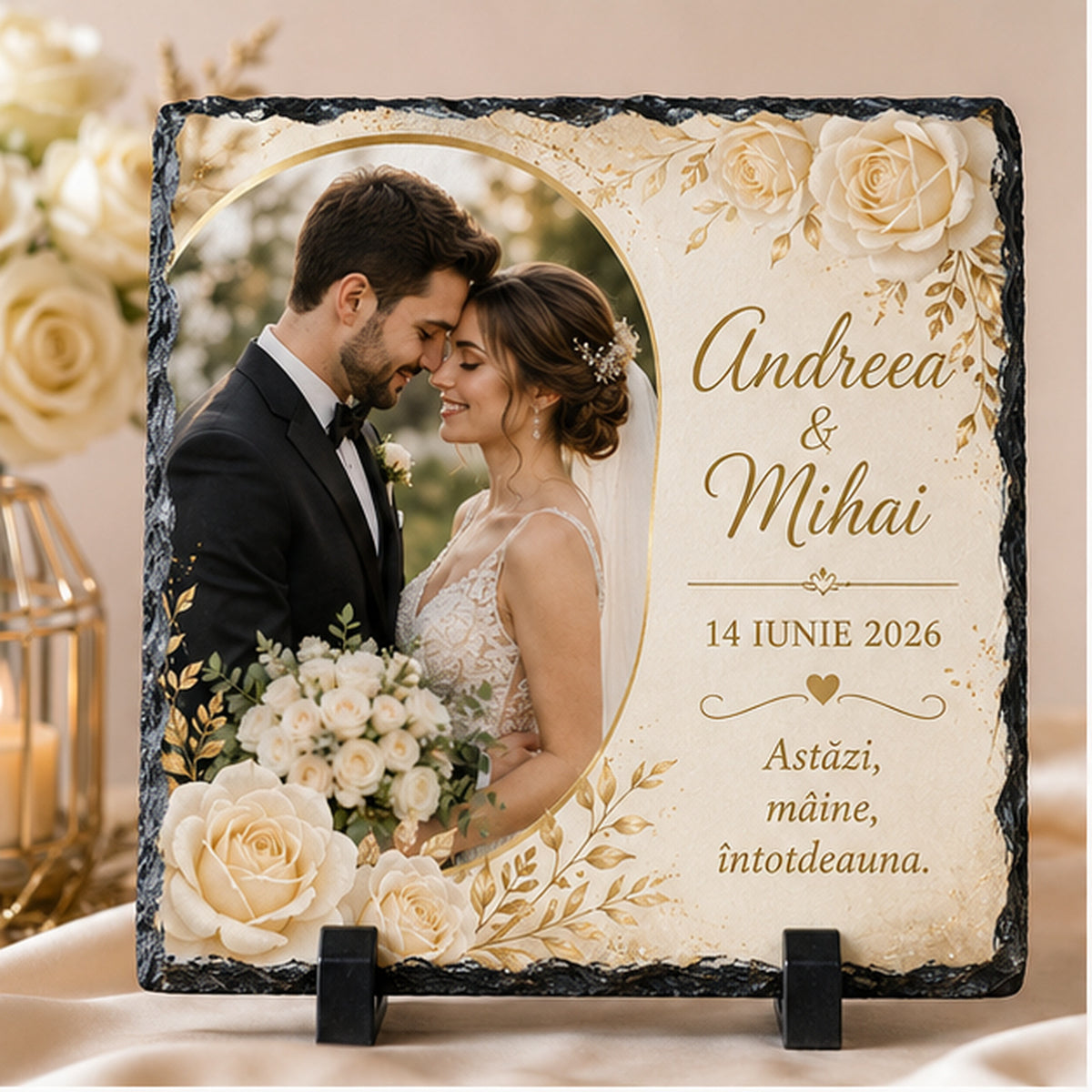 Placă de ardezie personalizată pentru nuntă – 20 × 20 cm cu fotografie, nume, data nunții și trandafiri ivory