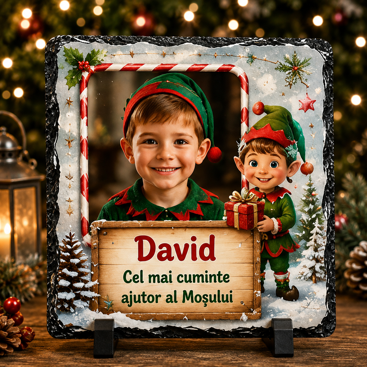Piatră Ardezie Personalizată de Crăciun pentru Băiat 20x20 cm cu Poză și Nume – Ajutorul lui Moș Crăciun