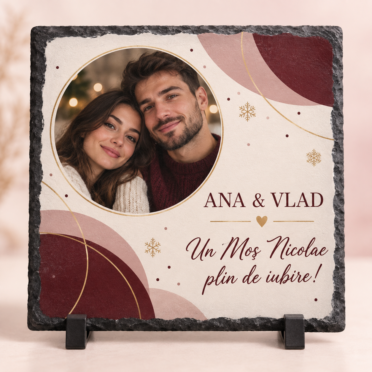 Placă Ardezie Personalizată pentru Cuplu 20×20 cm – Cadou de Moș Nicolae cu Poză și Nume