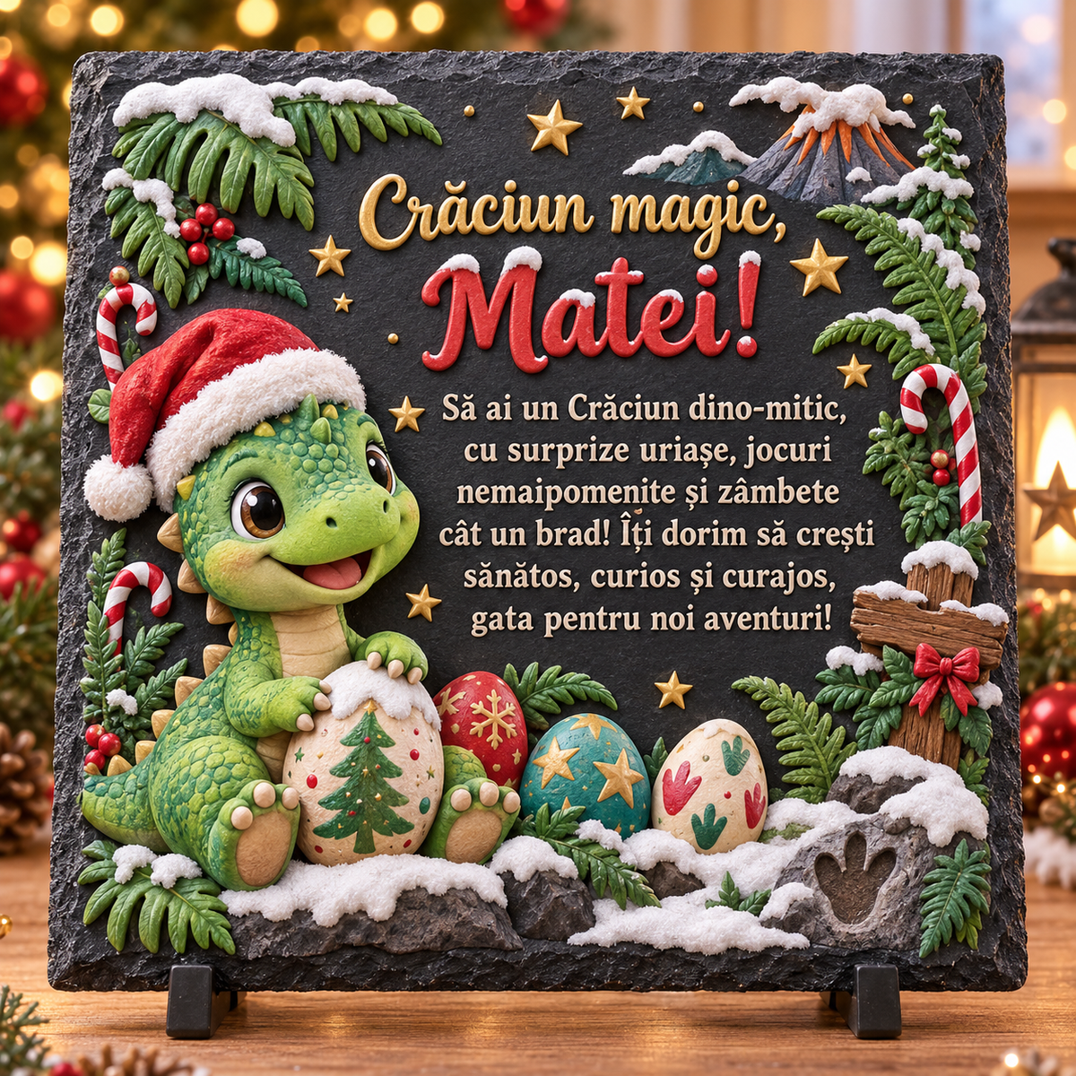 Placă de ardezie personalizată pentru băieți 20 × 20 cm – „Crăciun magic” cu dinozaur