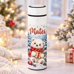 Termos Personalizat 500 ml cu Infuzor de Ceai și Nume – Urs Polar de Crăciun