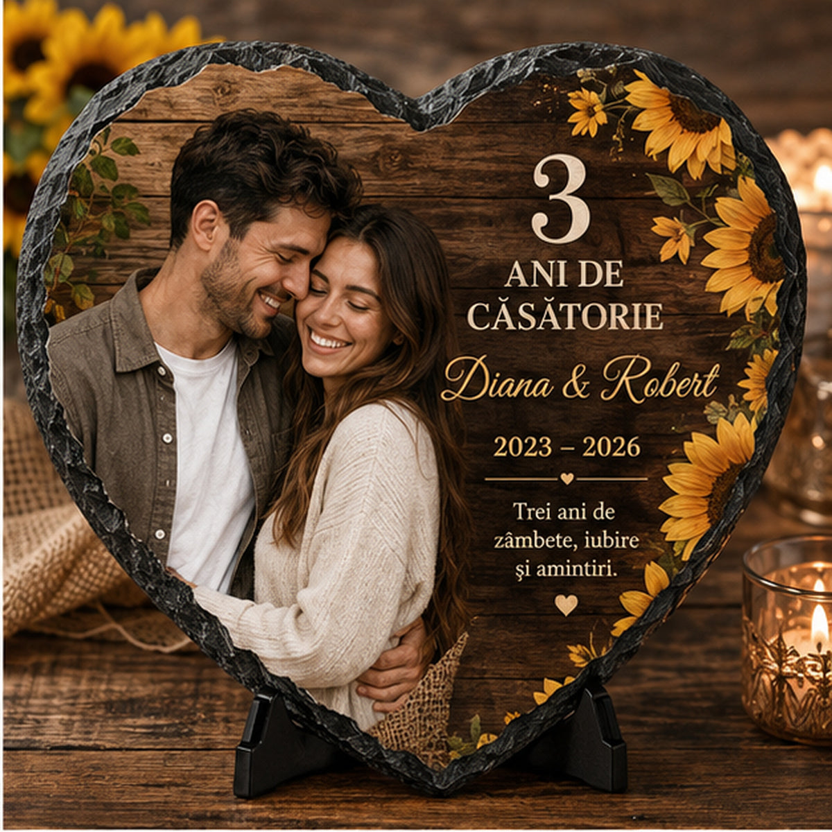 Placă de Ardezie Personalizată Inimă – Cadou 3 Ani de Căsătorie cu Poză