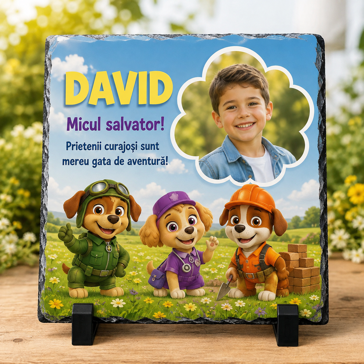 Placă din ardezie personalizată pentru copii 20×20 cm – cu fotografie, nume și mesaj