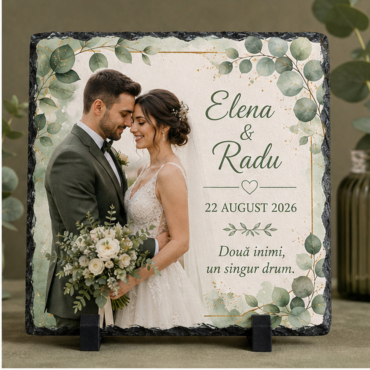 Placă de ardezie personalizată pentru nuntă – 20 × 20 cm cu fotografie, eucalipt și mesaj „Două inimi, un singur drum”