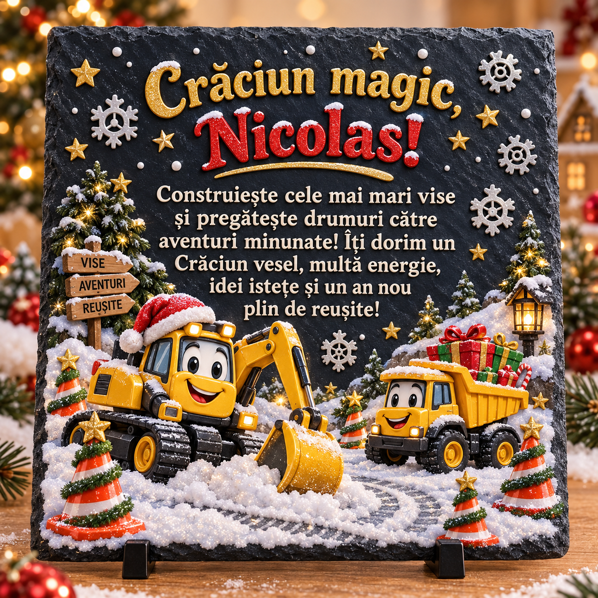 Placă de ardezie personalizată pentru băieți 20 × 20 cm – „Crăciun magic” cu excavator și camion