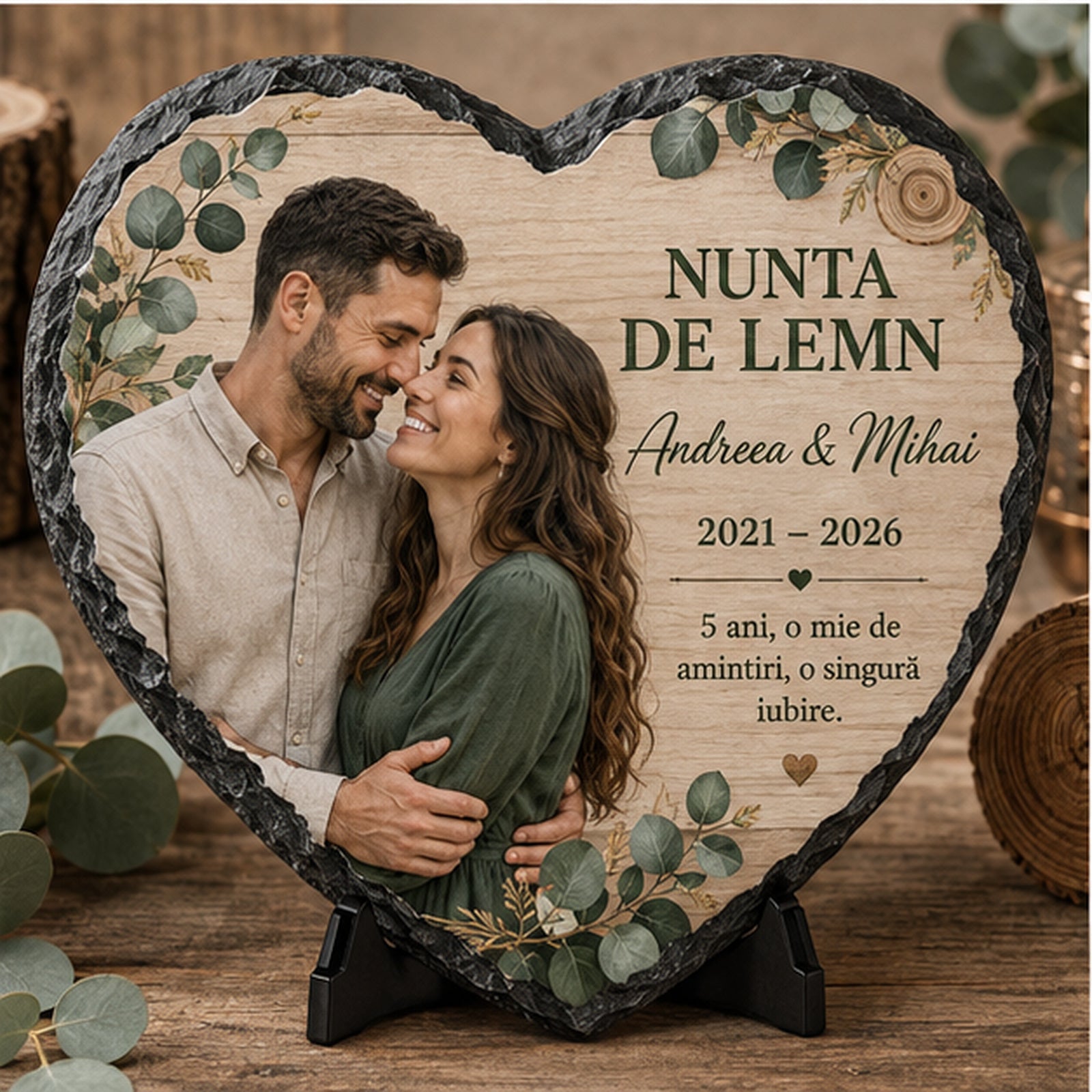 Placă de Ardezie Personalizată Inimă – Nunta de Lemn, Cadou 5 Ani de Căsătorie cu Poză