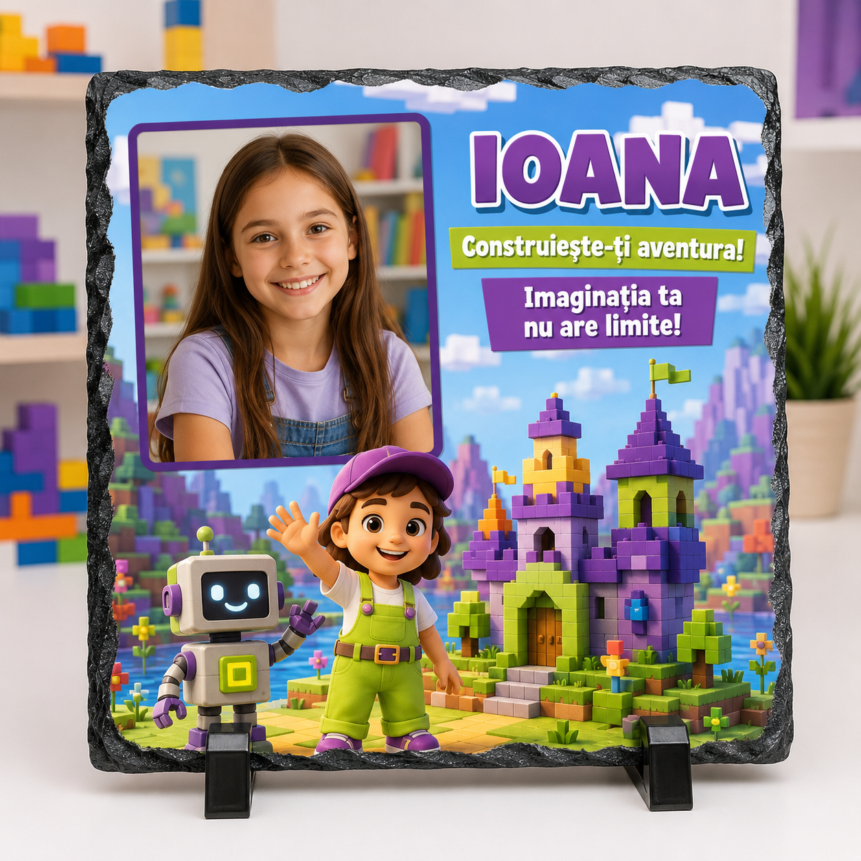 Placă din ardezie personalizată pentru copii 20×20 cm – cu fotografie, nume și tematică de construcții