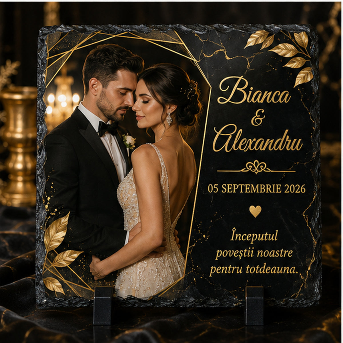 Placă de ardezie personalizată pentru nuntă – 20 × 20 cm, design negru & auriu cu fotografie
