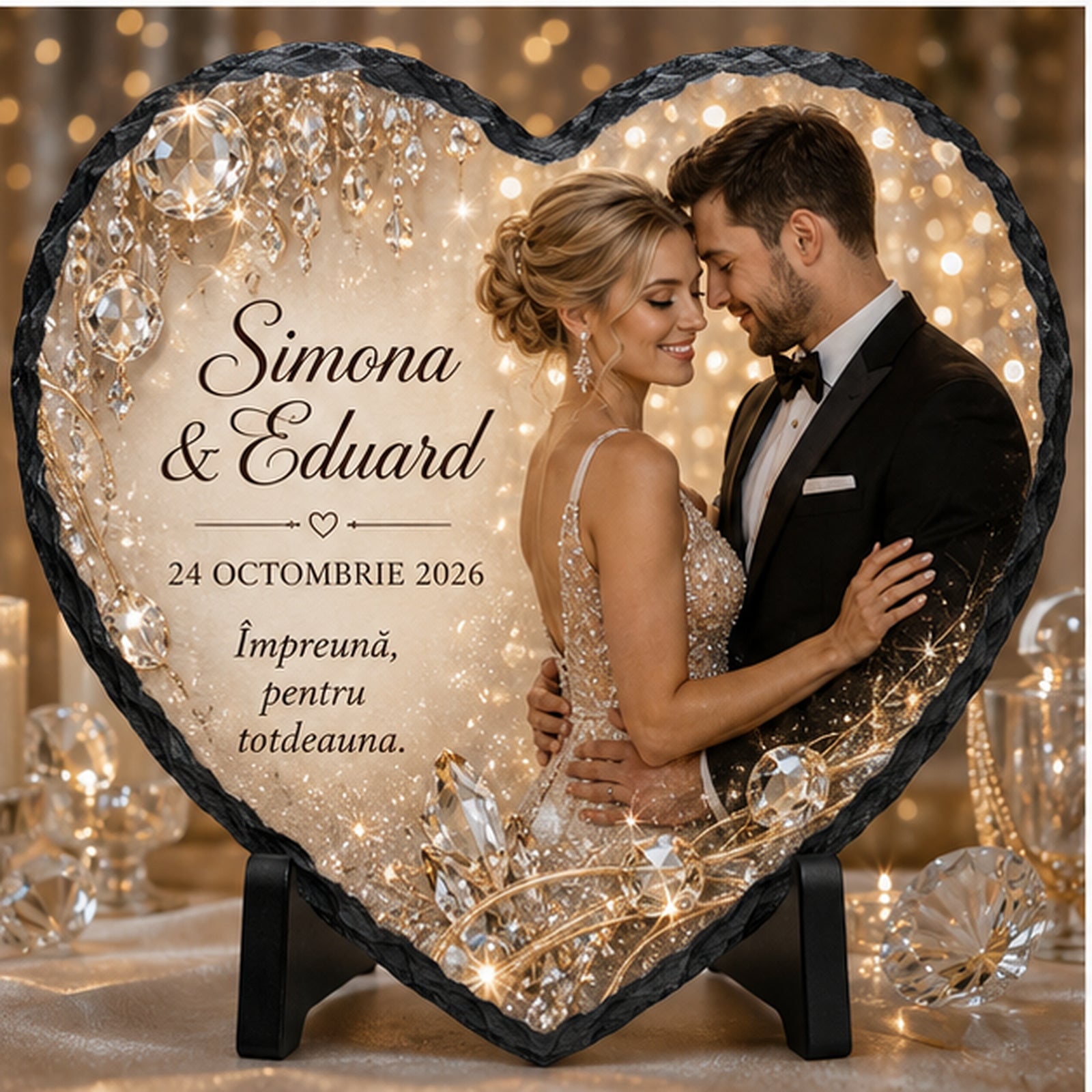 Placă de ardezie personalizată în formă de inimă pentru nuntă – design cu cristale, champagne și accente aurii