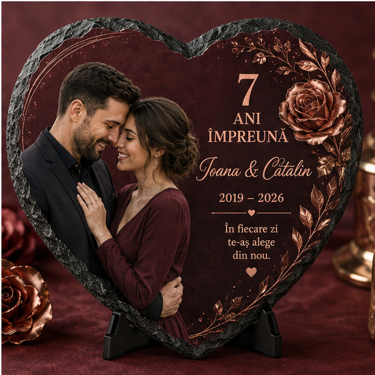 Placă de Ardezie Personalizată Inimă – Cadou 7 Ani Împreună cu Poză