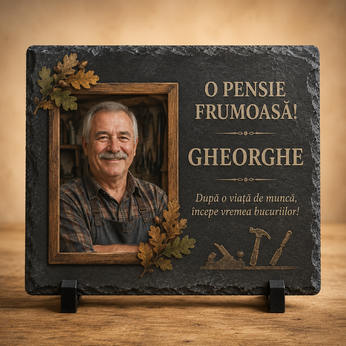 Placă ardezie personalizată pentru pensionare tâmplar / meseriaș, cu poză și mesaj – 20×20 cm