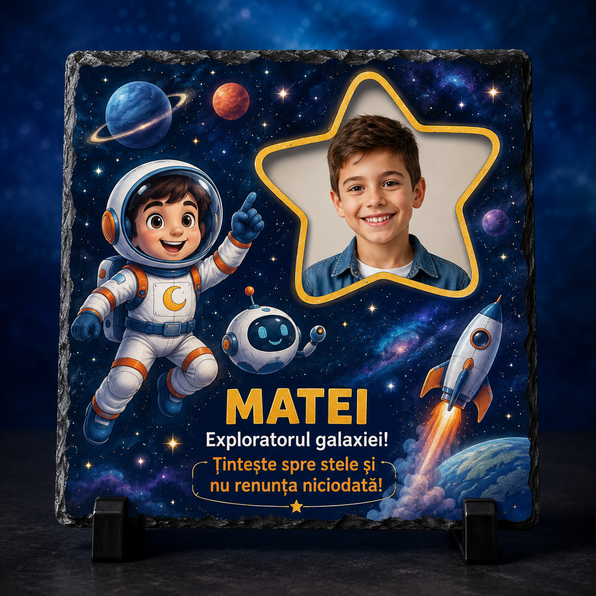 Placă din ardezie personalizată pentru copii 20×20 cm – Explorator Spațial cu poză și nume