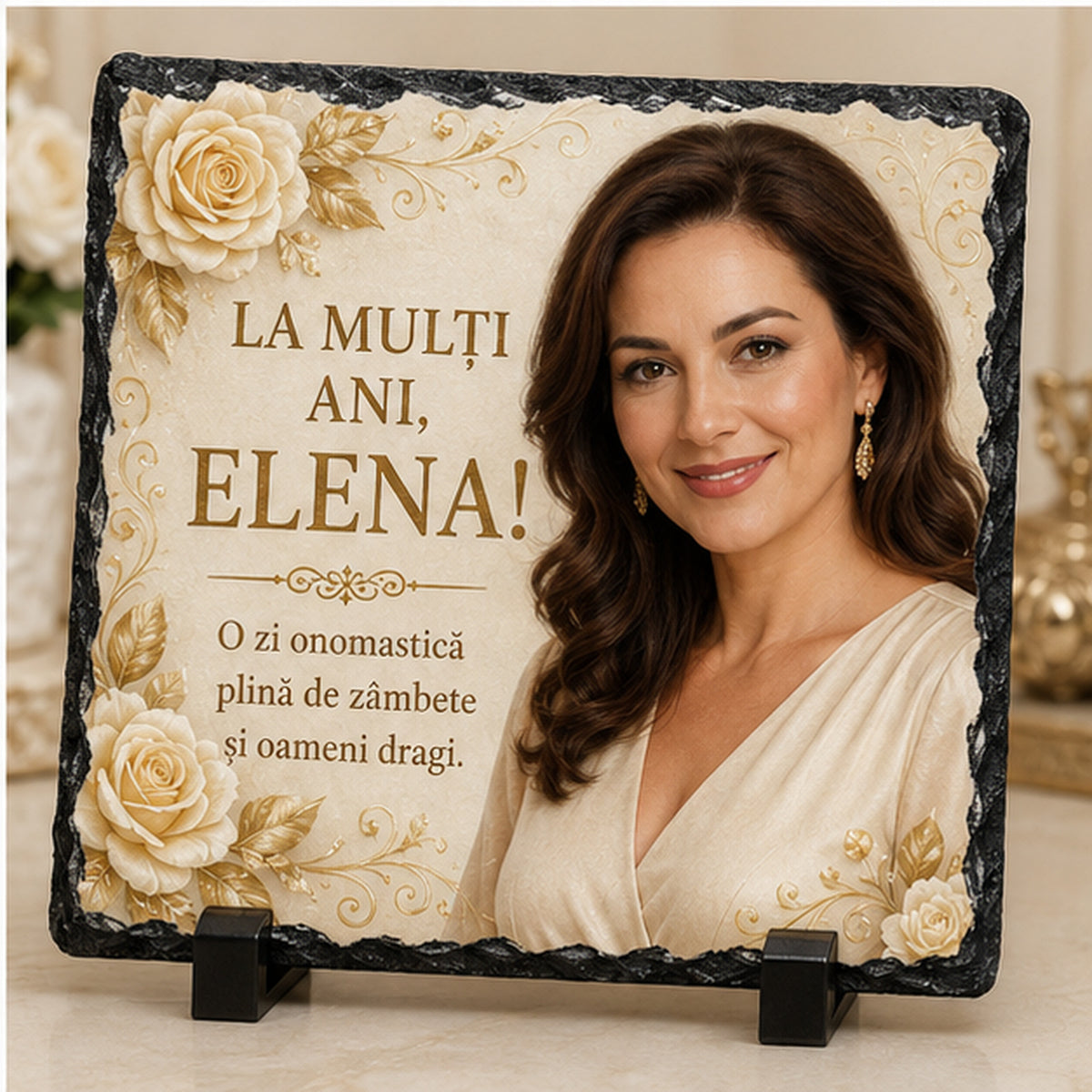 Piatră Ardezie Personalizată Elena 20x20 cm cu Poză – Cadou Elegant de Ziua Numelui pentru Femei