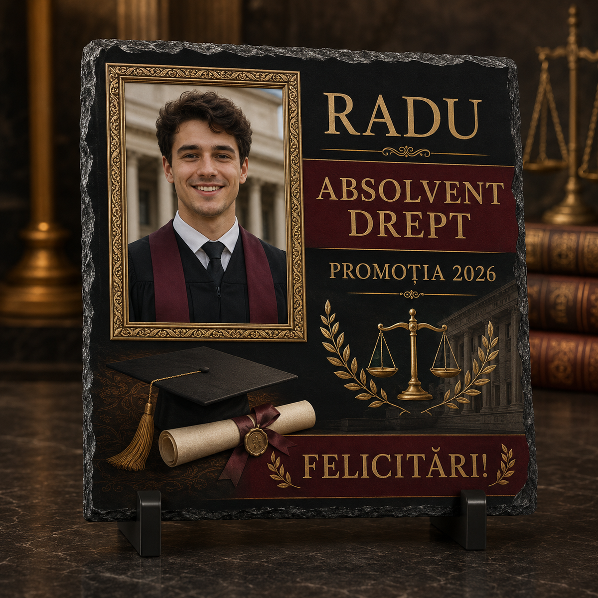 Placă de Ardezie Personalizată Absolvire Facultatea de Drept 20×20 cm cu Poză și Nume – Promoția 2026