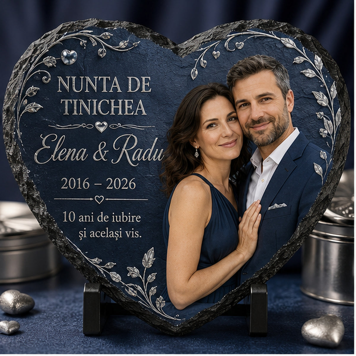 Placă de Ardezie Personalizată Inimă – Nunta de Tinichea, 10 Ani de Căsătorie
