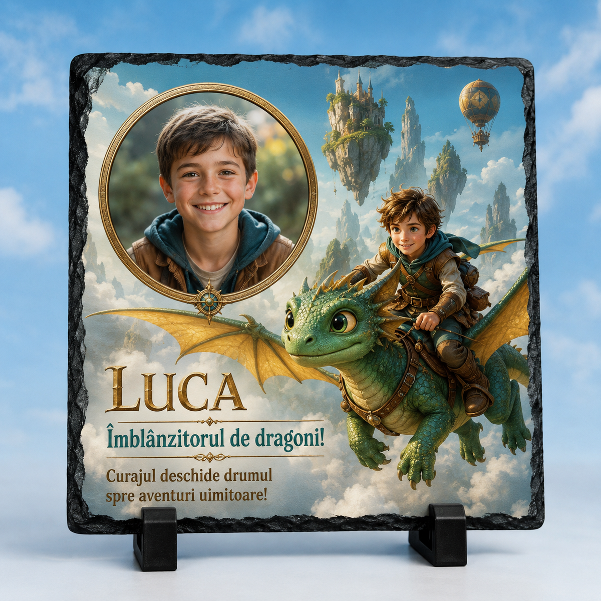 Placă din ardezie personalizată pentru copii 20×20 cm – Îmblânzitorul de Dragoni, cu fotografie și nume