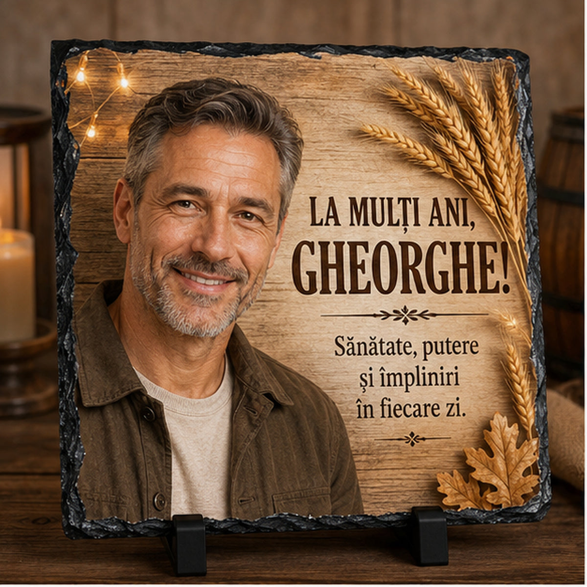 Piatră Ardezie Personalizată Gheorghe 20x20 cm cu Poză – Cadou Rustic de Ziua Numelui pentru Bărbați