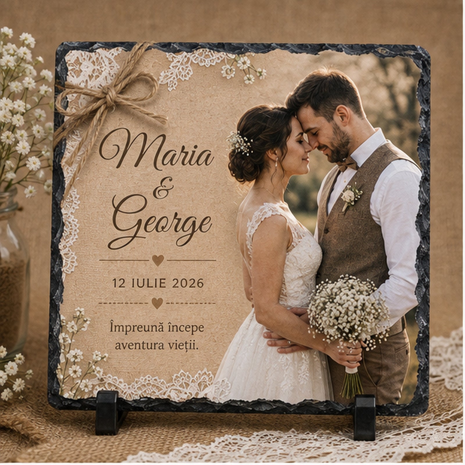 Placă de ardezie personalizată pentru nuntă – 20 × 20 cm, stil rustic cu dantelă și fotografie