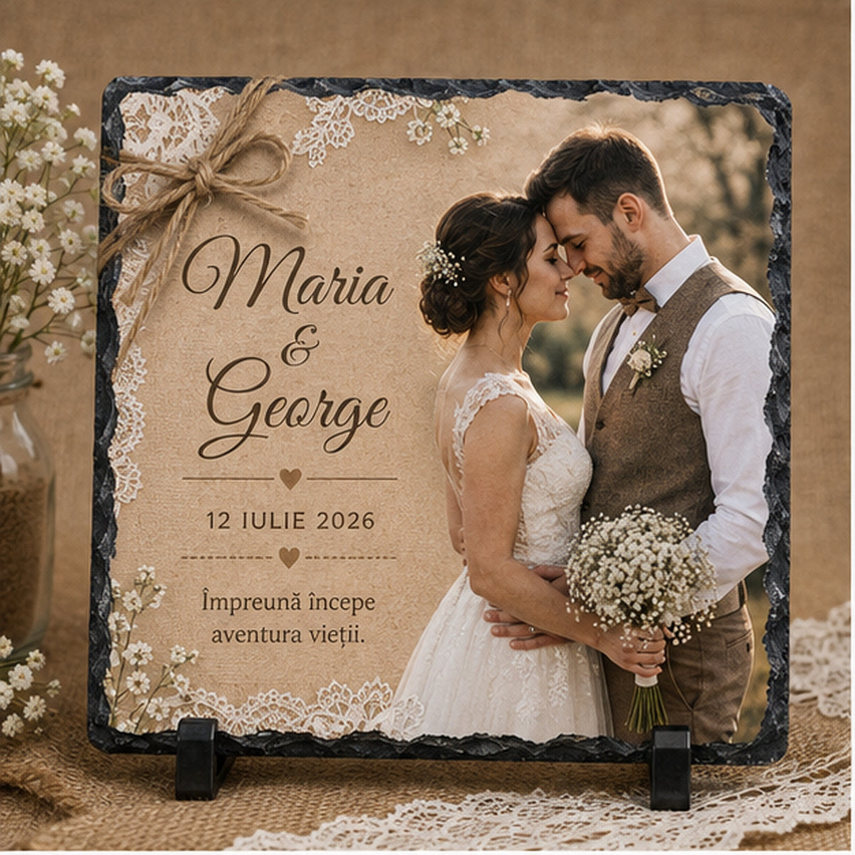Placă de ardezie personalizată pentru nuntă – 20 × 20 cm, stil rustic cu dantelă și fotografie
