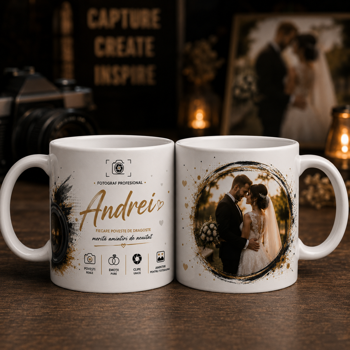 Cană personalizată pentru fotograf de 330 ml, cu numele Andrei, obiectiv foto și fotografie de nuntă în ramă circulară