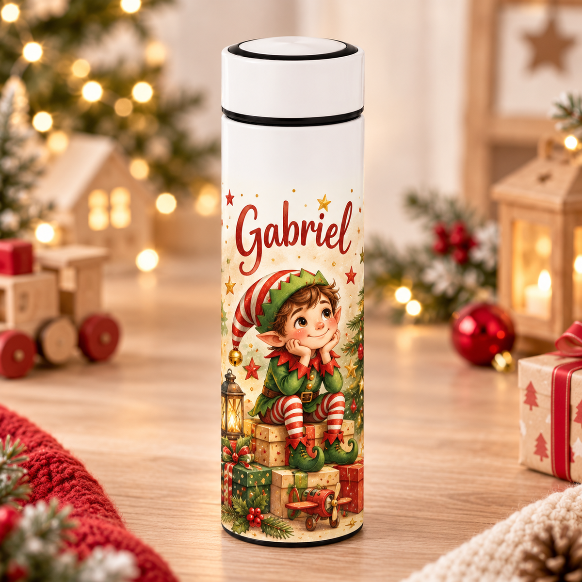 Termos Personalizat 500 ml cu Infuzor de Ceai și Nume – Model Elf de Crăciun