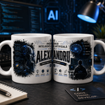 Cană personalizată pentru inginer în inteligență artificială cu numele Alexandru, 330 ml, design cu robot, cod și creier digital