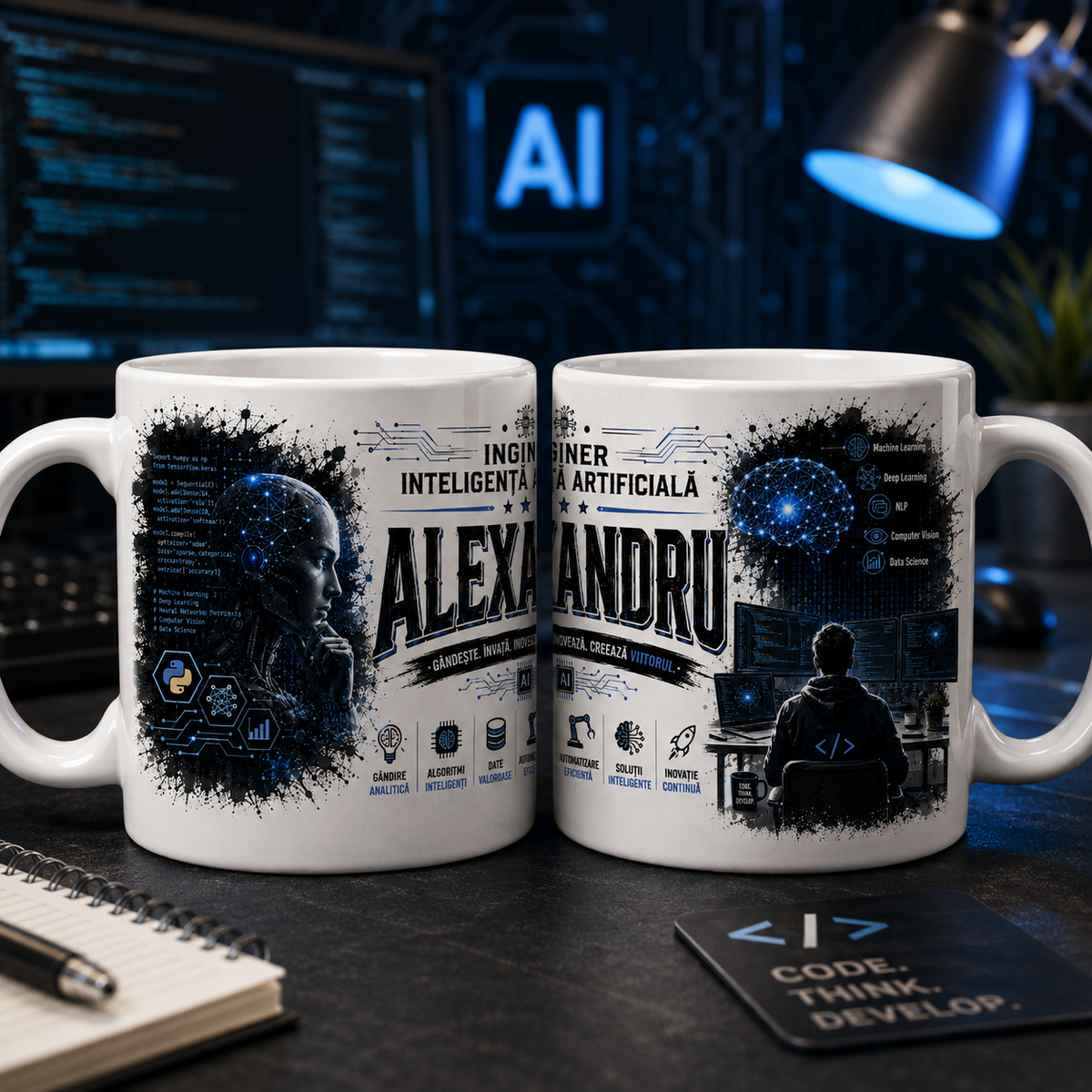Cană personalizată pentru inginer în inteligență artificială cu numele Alexandru, 330 ml, design cu robot, cod și creier digital
