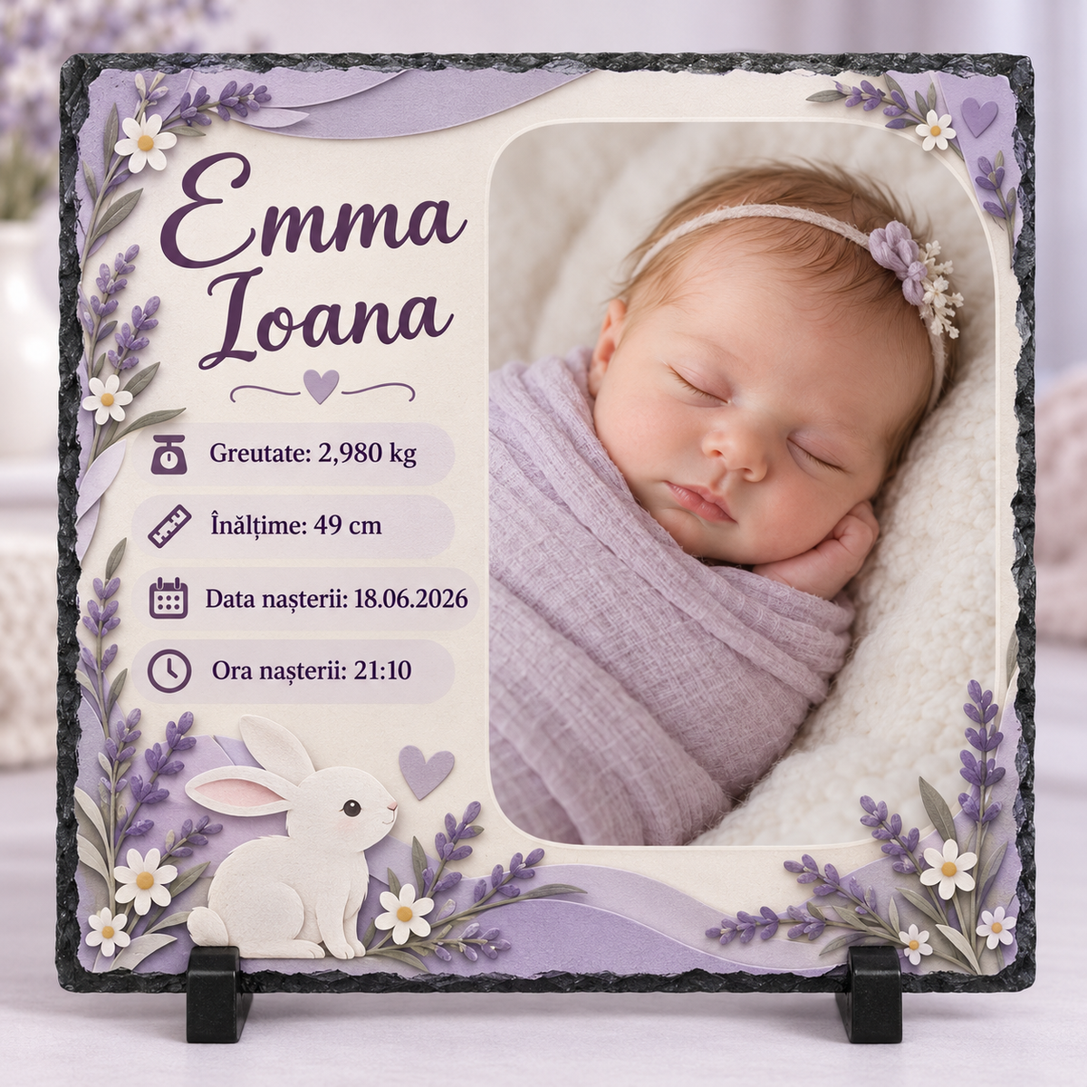Placă ardezie personalizată 20x20 cm pentru fetiță cu iepuraș și lavandă – Poză, nume și datele nașterii