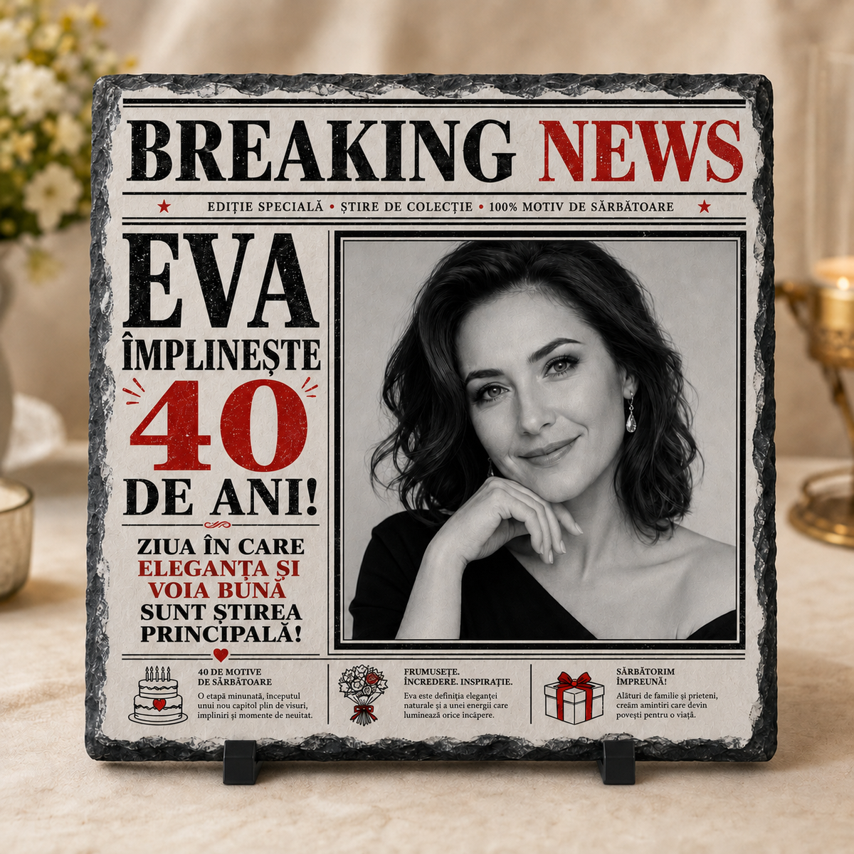 Placă de ardezie personalizată 20×20 cm cu poză – „Breaking News”, cadou aniversar 40 de ani pentru femeie