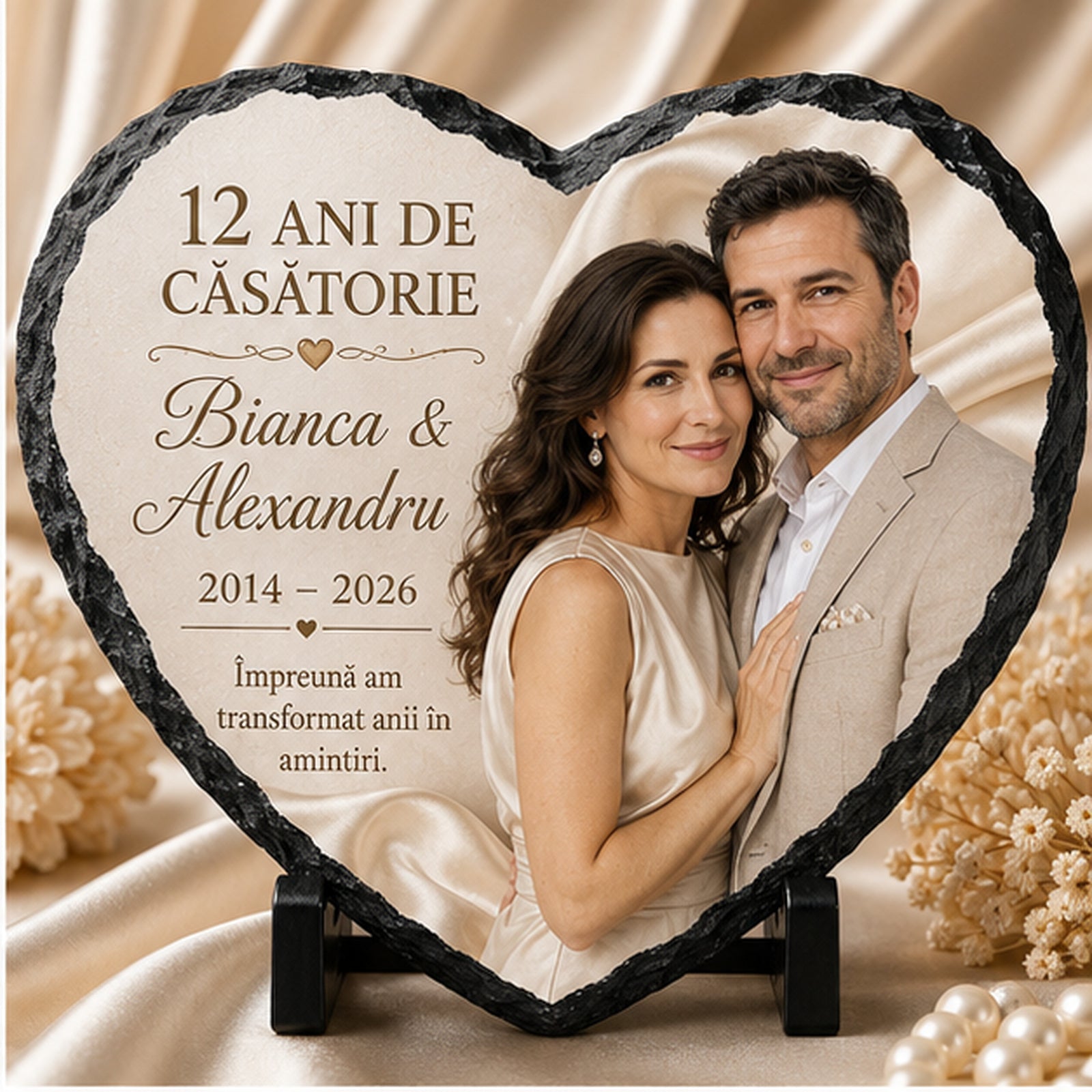 Placă de Ardezie Personalizată Inimă – 12 Ani de Căsătorie cu Poză