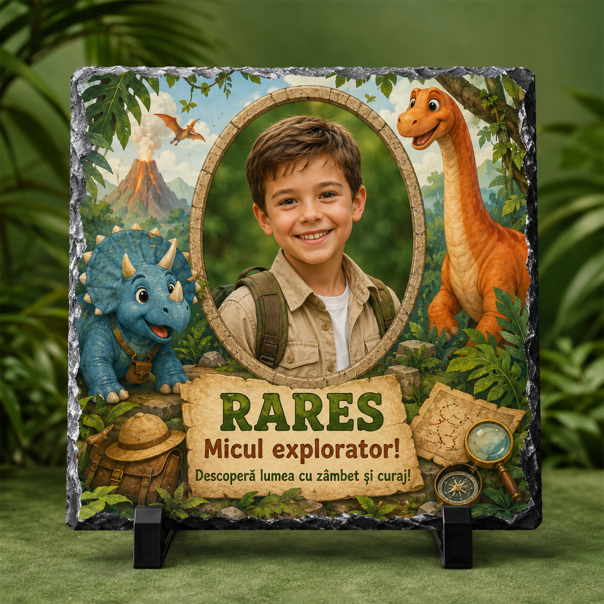 Placă din ardezie personalizată pentru copii 20×20 cm – Micul Explorator, cu dinozauri, fotografie și nume