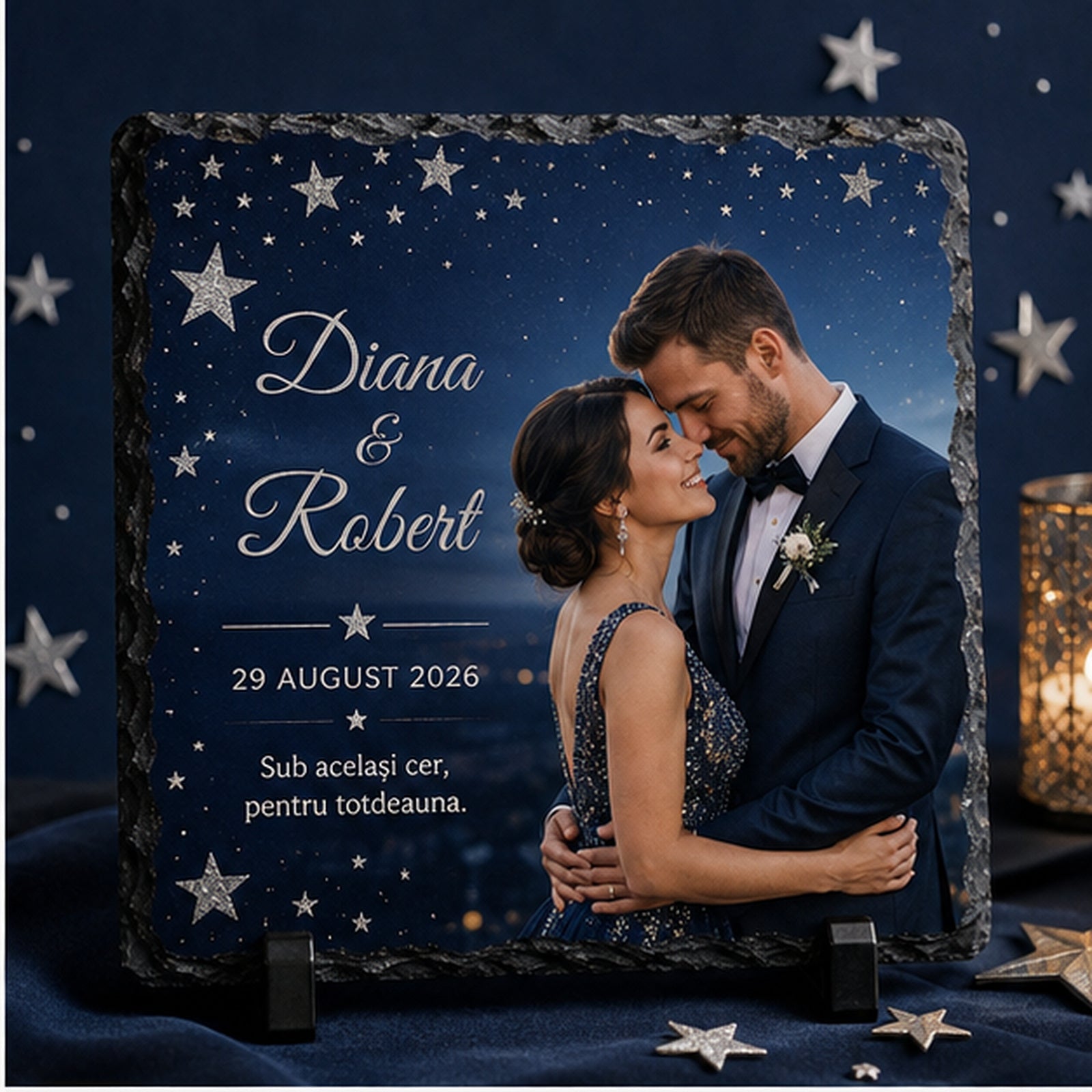Placă de ardezie personalizată pentru nuntă – 20 × 20 cm, tematică bleumarin cu stele și fotografie