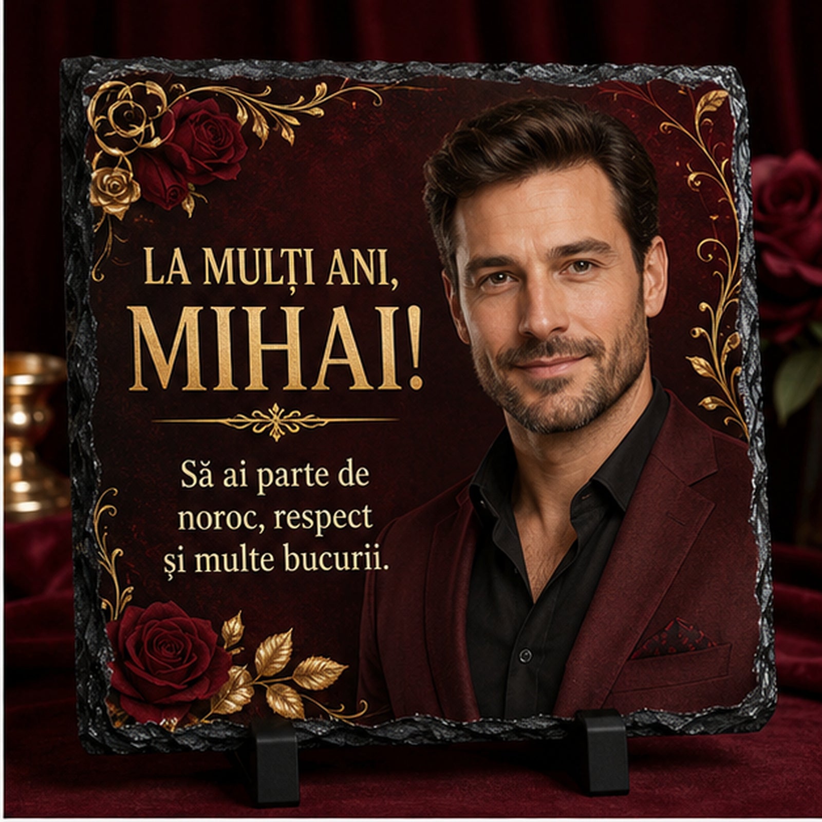 Piatră Ardezie Personalizată Mihai 20x20 cm cu Poză – Cadou Elegant de Ziua Numelui pentru Bărbați