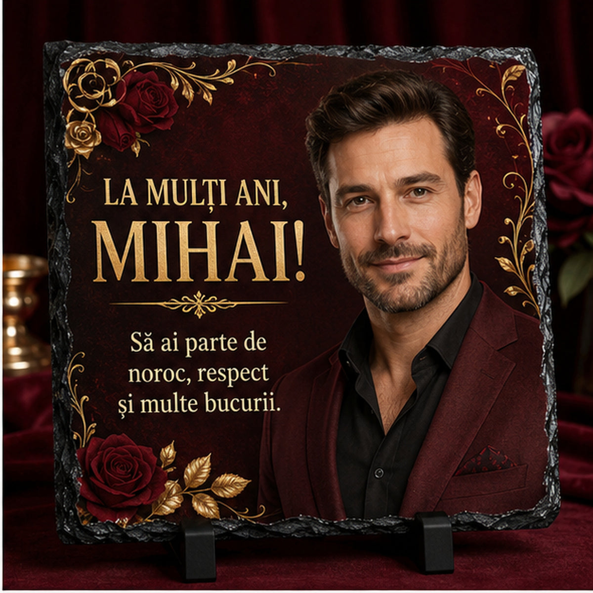 Piatră Ardezie Personalizată Mihai 20x20 cm cu Poză – Cadou Elegant de Ziua Numelui pentru Bărbați