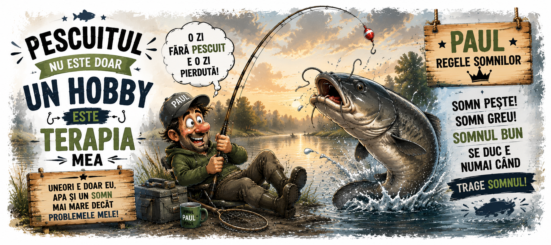 Cană personalizată pentru pescari cu nume – „Pescuitul nu este doar un hobby, este terapia mea” | Model Somn | Cadou personalizat pentru pescar