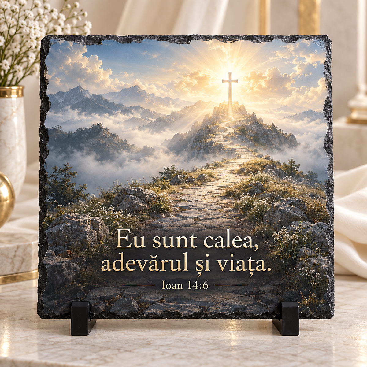 Placă Ardezie Personalizată 20x20 cm – „Eu sunt calea, adevărul și viața” | Ioan 14:6