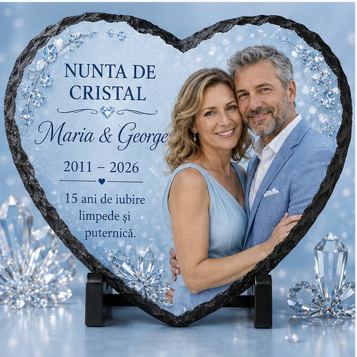 Placă de Ardezie Personalizată Inimă – Nunta de Cristal, 15 Ani de Căsătorie