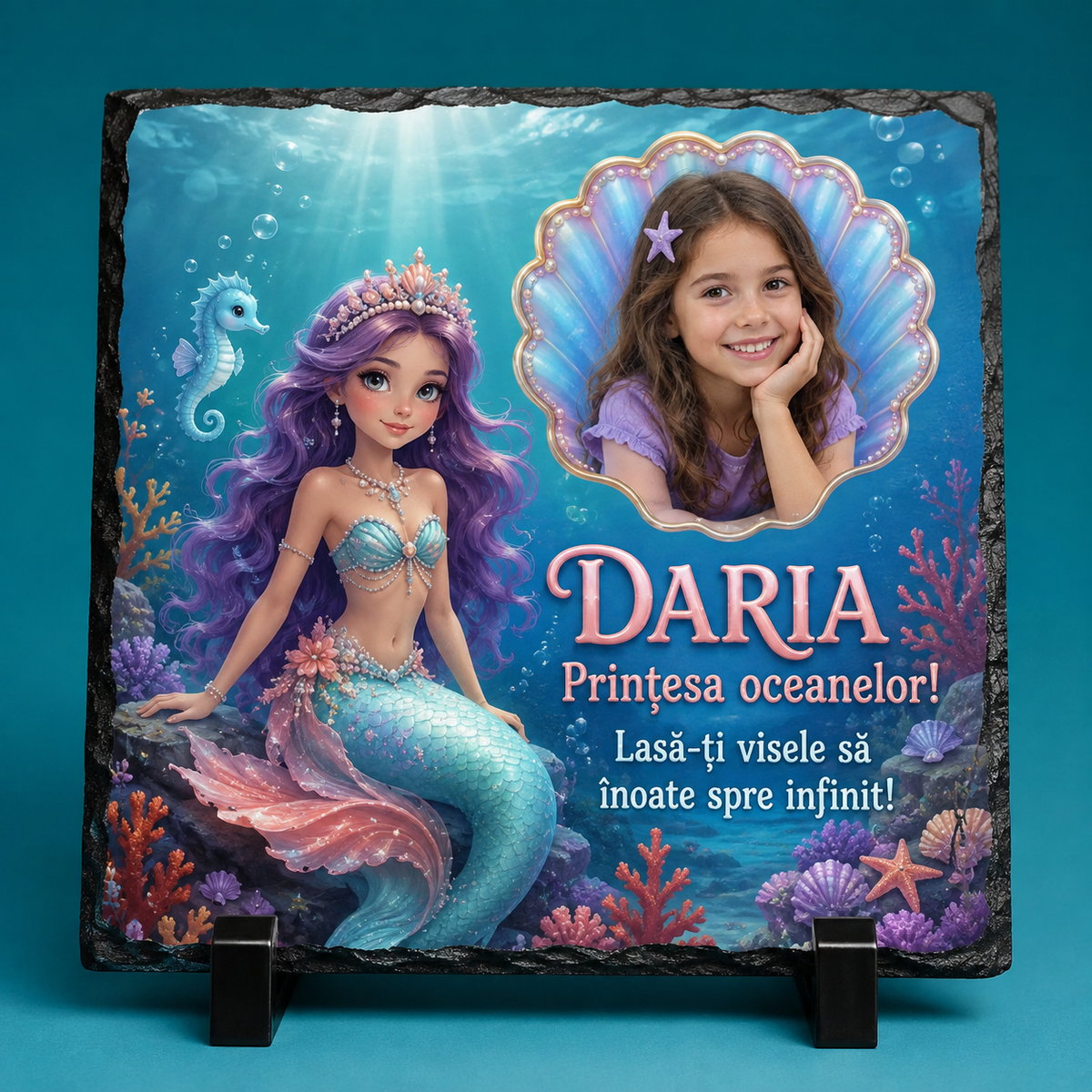 Placă din ardezie personalizată pentru fete 20×20 cm – Prințesa Oceanelor, cu fotografie și nume