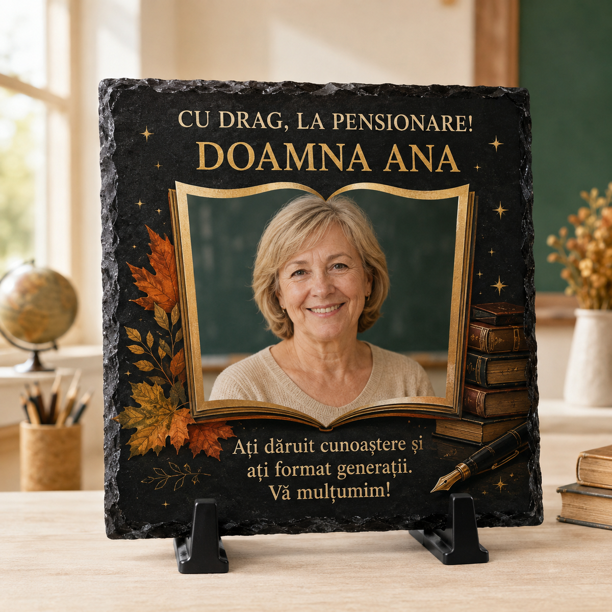 Placă ardezie personalizată 20×20 cm pentru profesoară la pensionare – fotografie, nume și mesaj