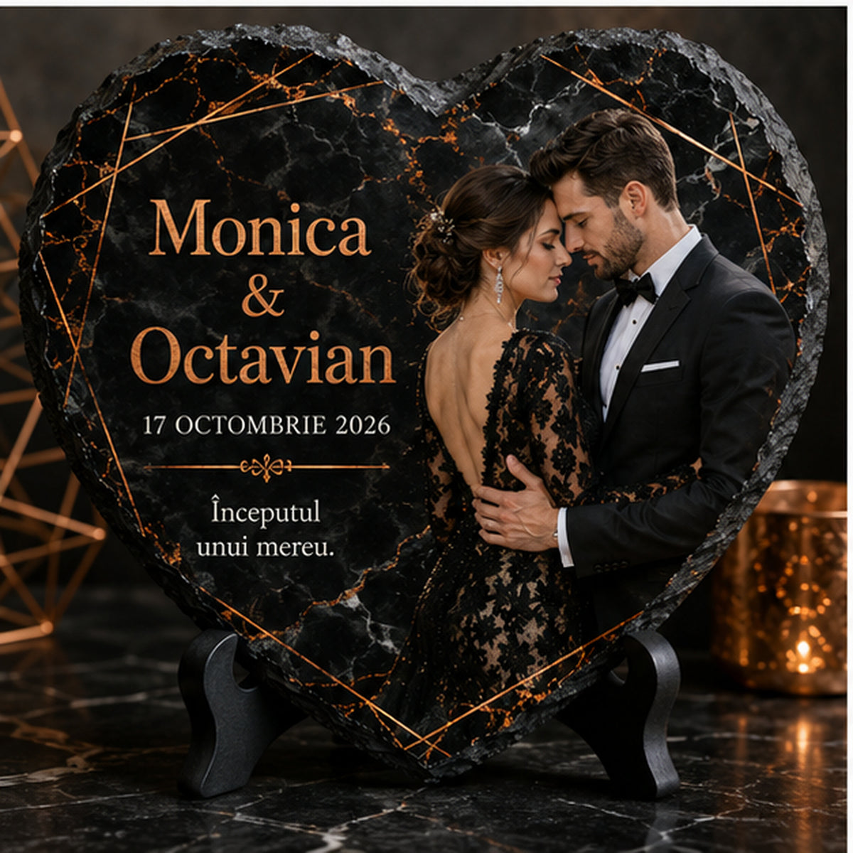 Placă de ardezie personalizată în formă de inimă – Nuntă Black Marble & Copper cu fotografie