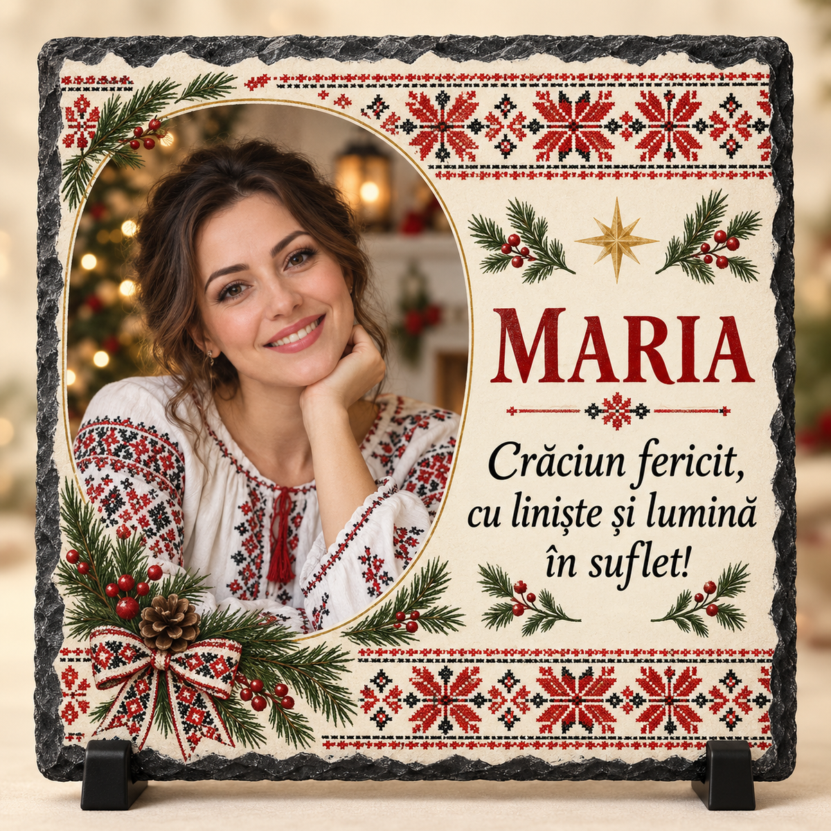 Placă Ardezie Personalizată 20×20 cm pentru Femei – Cadou de Crăciun cu Poză și Nume, Design Tradițional Românesc