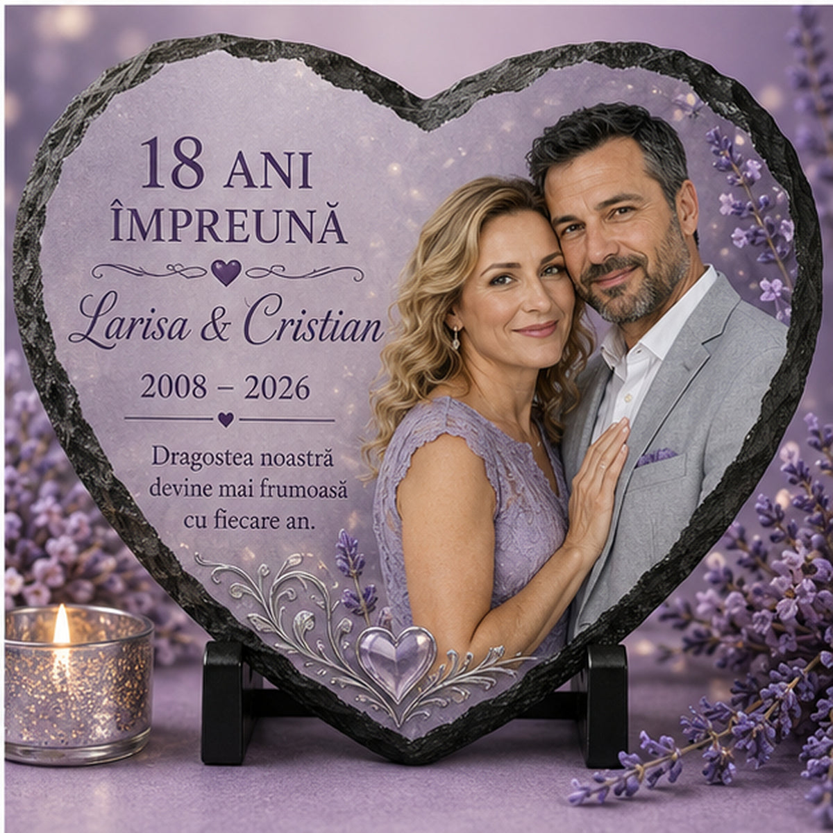 Placă de Ardezie Personalizată Inimă – 18 Ani de Căsătorie cu Poză