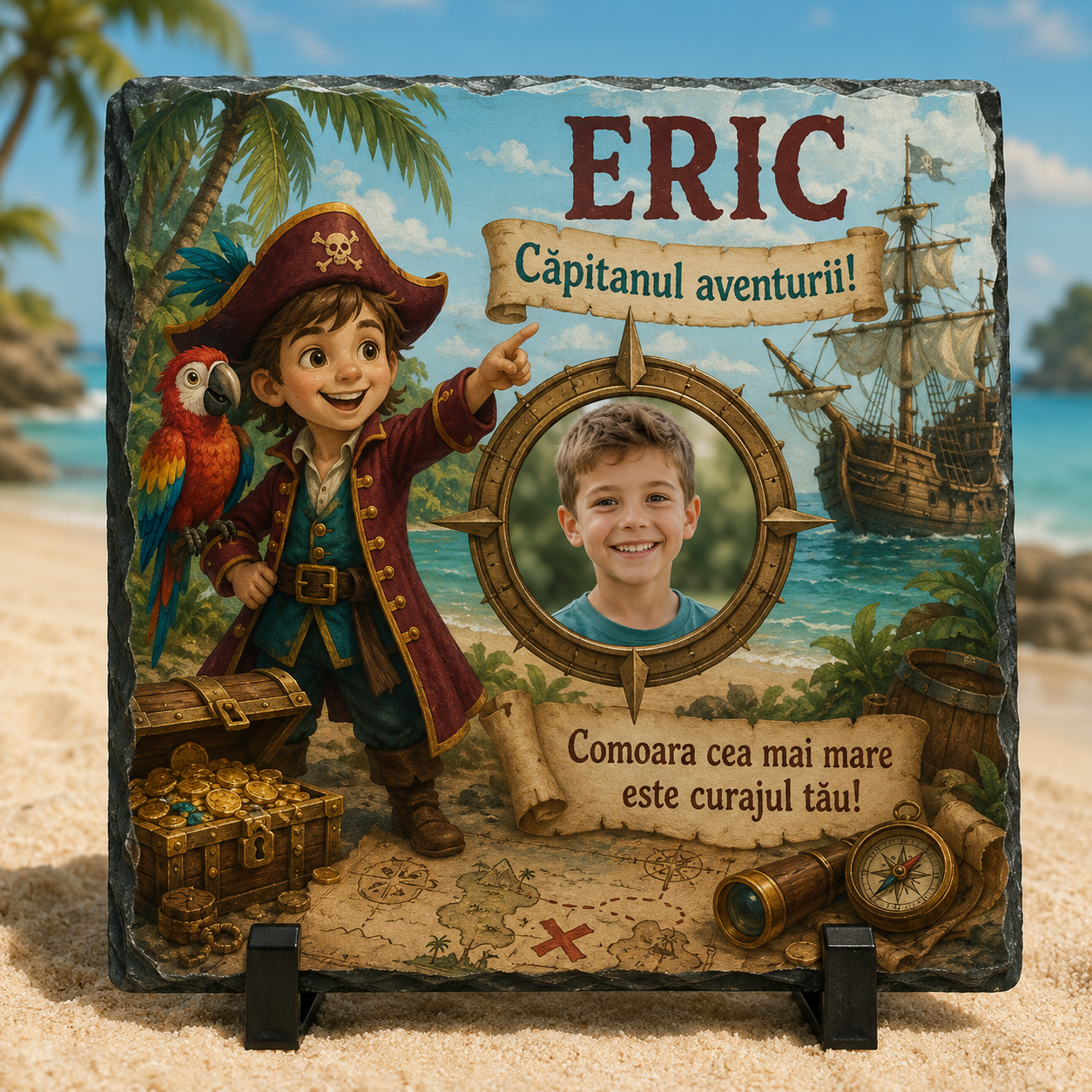 Placă din ardezie personalizată pentru copii 20×20 cm – Căpitanul Aventurii, Pirați, cu Poză și Nume
